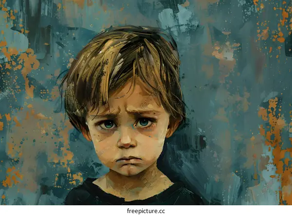 portrait of a sad boy with blue eyes