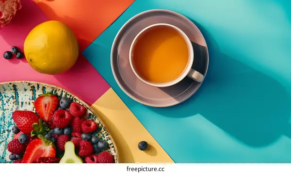 Colorful Flat Lay With Tea Cup And Fruit