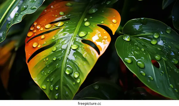 Raindrops on a split leaf philodendron