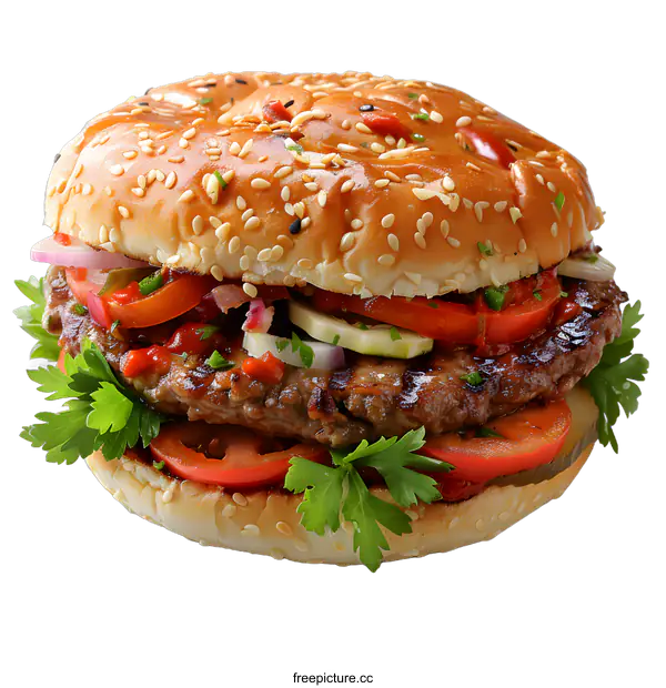 [Transparent Background PNG]yummy beef burger with fresh vegetables