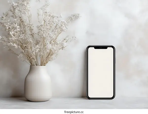 White Vase with Dried Flowers and Smartphone Mockup on White Background