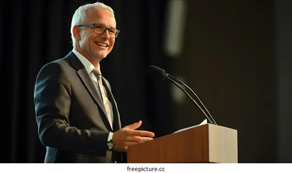 Man in Suit Giving a Speech at a Podium