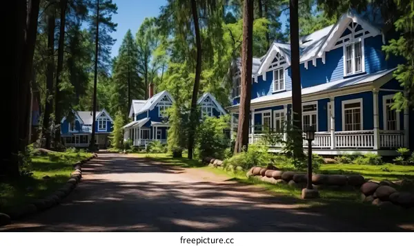 Blue wooden houses in a green forest