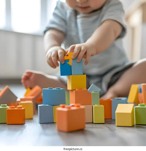 Baby Playing with Colorful Building Blocks on Floor