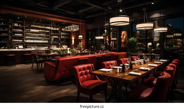 Elegant Restaurant Interior with Red Leather Chairs and Dim Lighting
