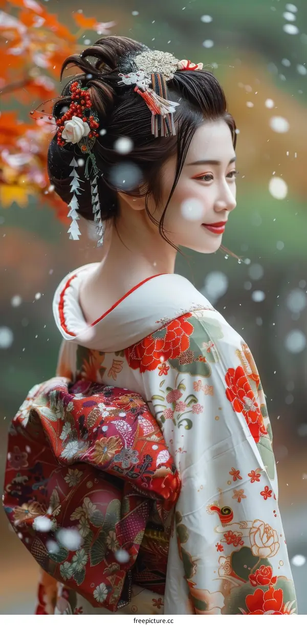 Beautiful Japanese Woman in Traditional Kimono with Snow Falling