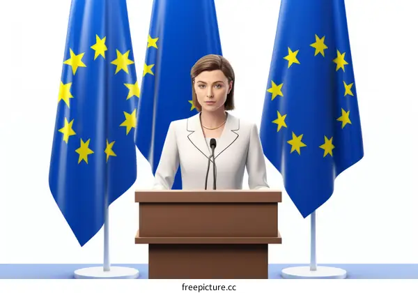 A woman standing at a podium with three European Union flags behind her