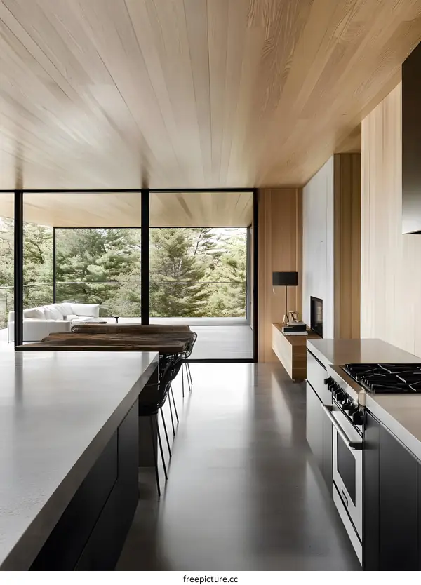 Modern Kitchen Interior Design with Wooden Ceiling and Large Windows