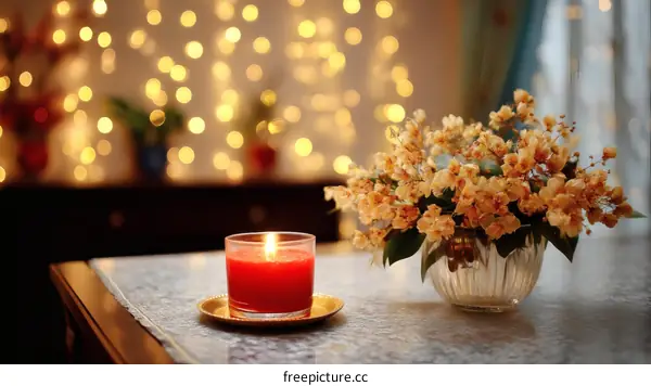 Cozy Interior Scene with Candle and Flowers