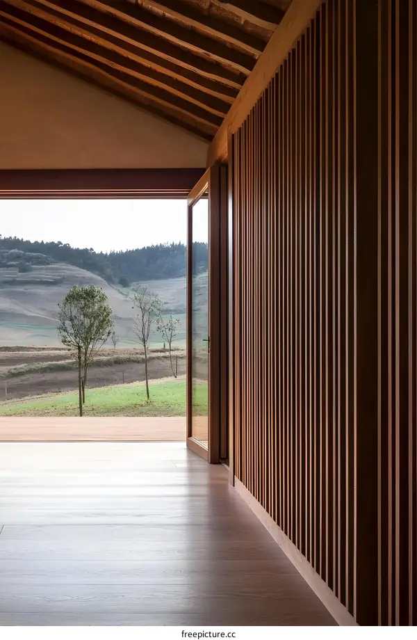 Modern Wooden House With Sliding Doors And A View Of The Countryside