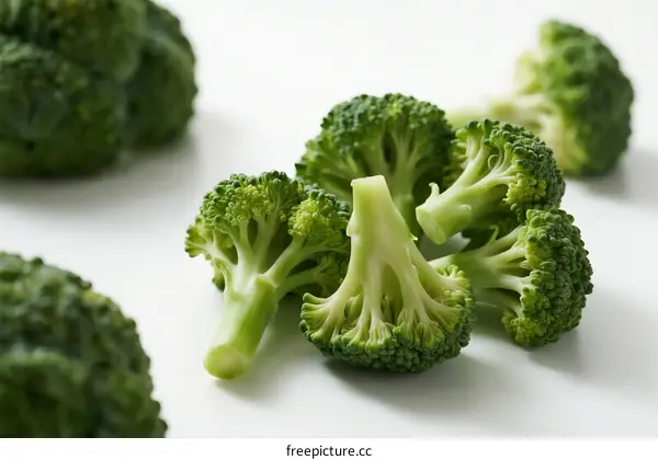 Fresh Broccoli Florets Arranged on White Background