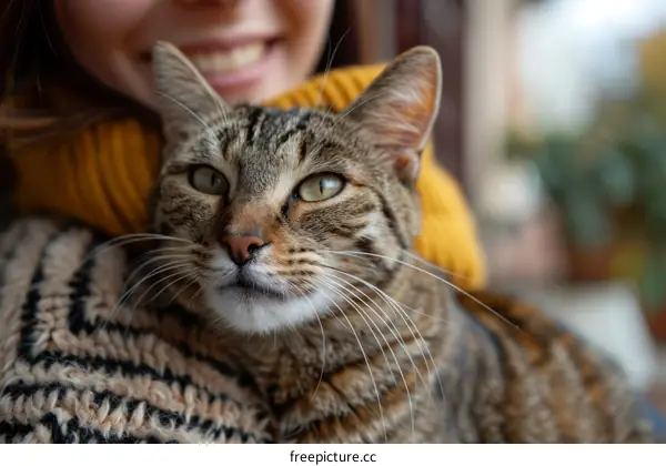 A ginger cat is being held by a smiling woman