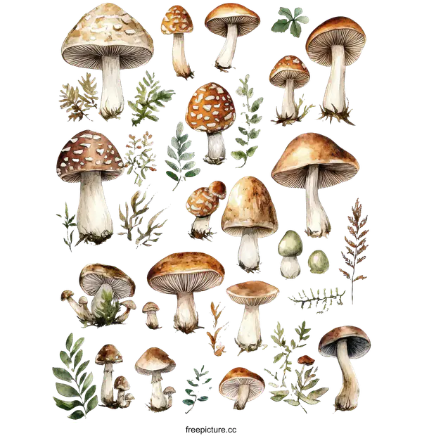 [Transparent Background PNG]Watercolor Illustration of Various Mushrooms and Plants
