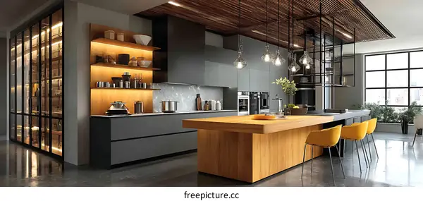 Modern Grey and Wood Kitchen Design with Island