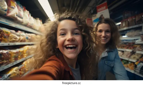 Happy mother and daughter taking selfie in supermarket