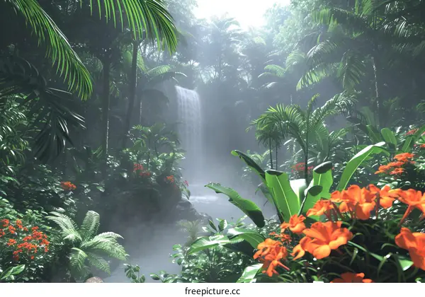 Misty rainforest waterfall in the jungle with bright orange flowers in the foreground