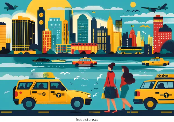 New York City Skyline Illustration With Yellow Taxis And Two Female Figures