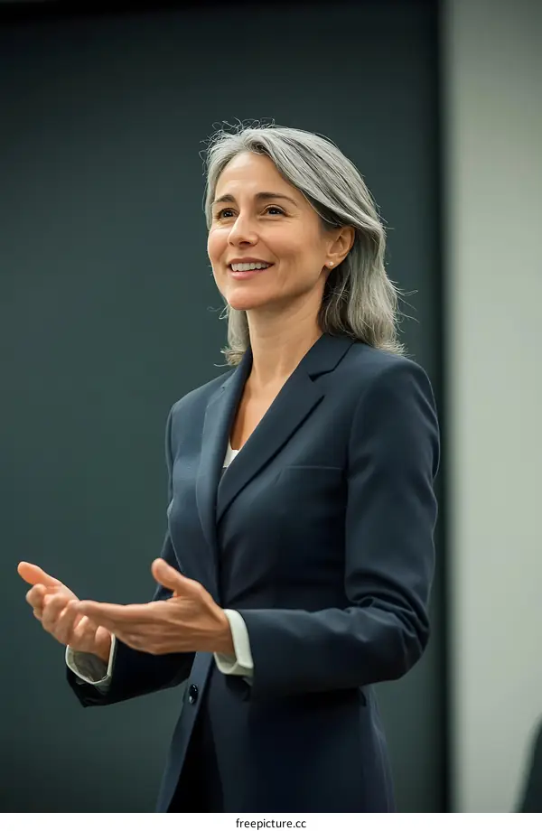 Smiling Businesswoman Presenting, Professional Presentation, Confident Female Speaker,  Public Speaking, Corporate Meeting