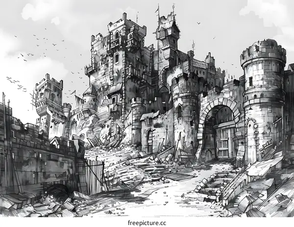 Ruined Medieval Castle Drawing