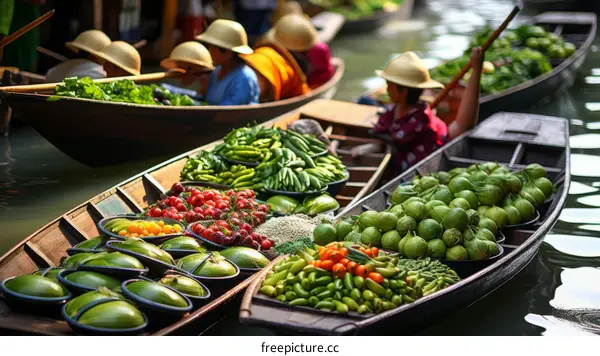 Floating market in Thailand with boats full of fresh fruits and vegetables