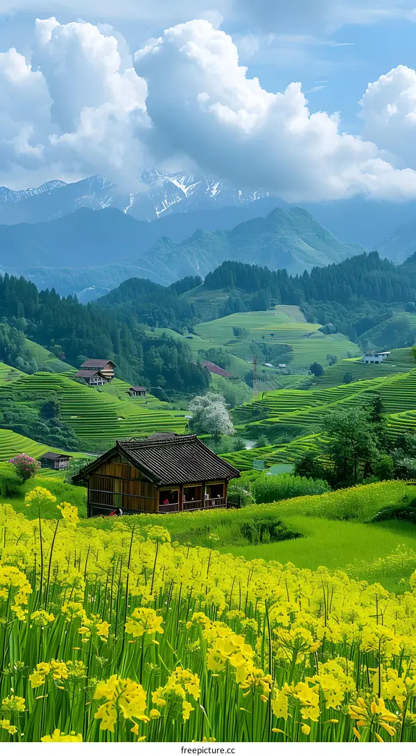A house in a valley surrounded by terraced rice fields with yellow flowers in front