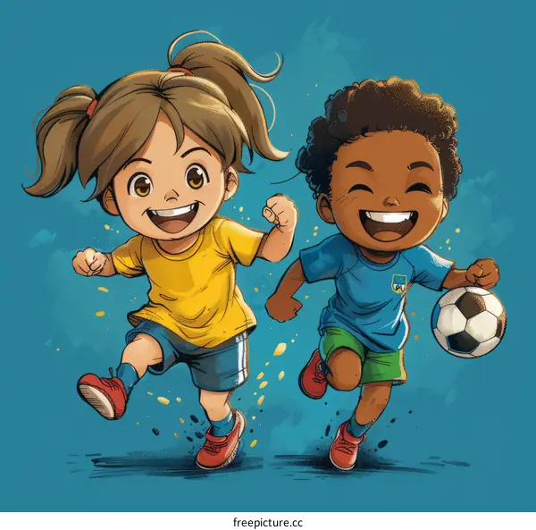 Two children playing soccer happily