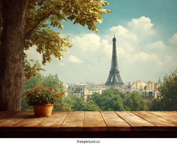 Paris Eiffel Tower View from a Wooden Terrace