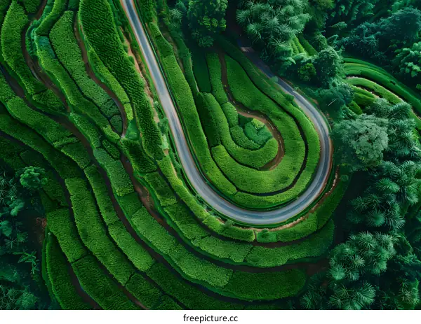 Aerial view of winding road in tea plantation