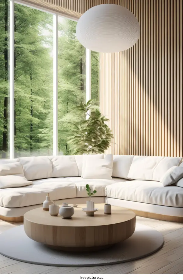 A modern living room with a large window looking out onto a forest