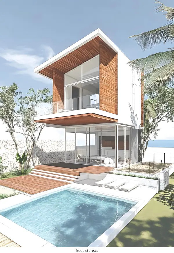 Modern House with Swimming Pool and Tropical Trees