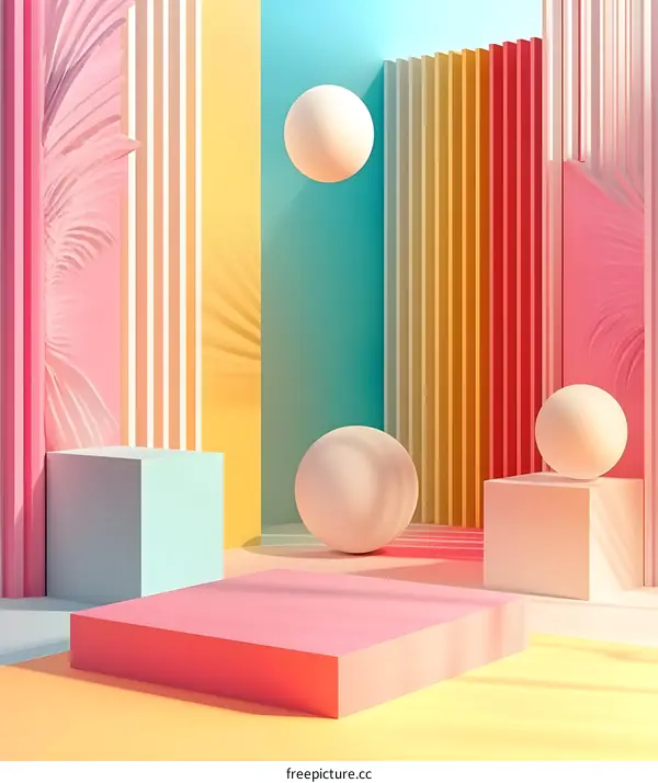 Abstract 3D Rendering of Colorful Geometric Shapes and Palm Leaves