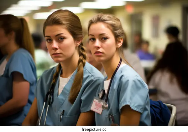 Two female nurses in blue scrubs are sitting in a hospital hallway.