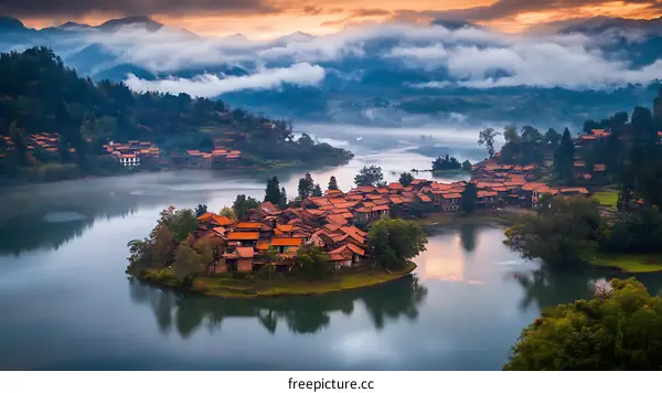Misty Sunrise Over a Mountain Village by the Lake