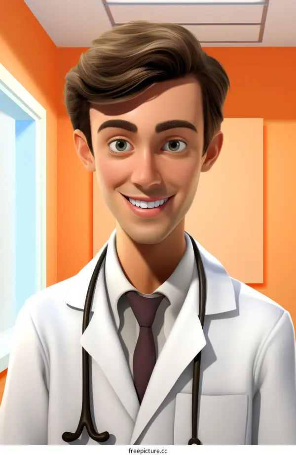 Illustration of a young male doctor with brown hair and green eyes wearing a white coat and stethoscope