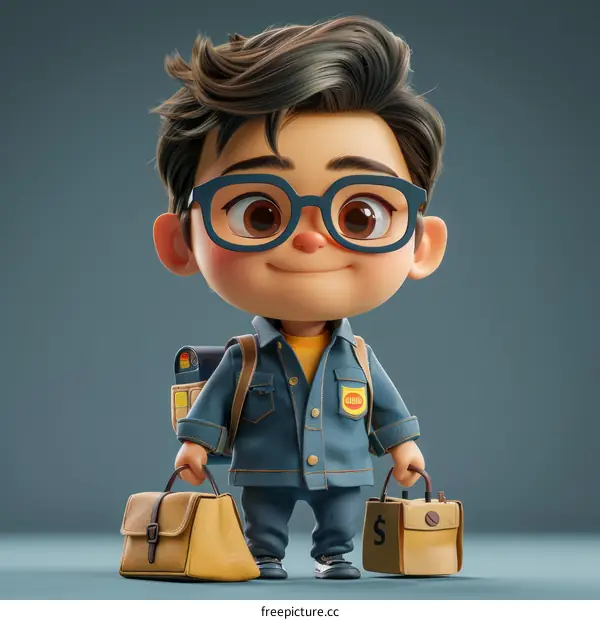 School Boy with Backpack and Briefcase