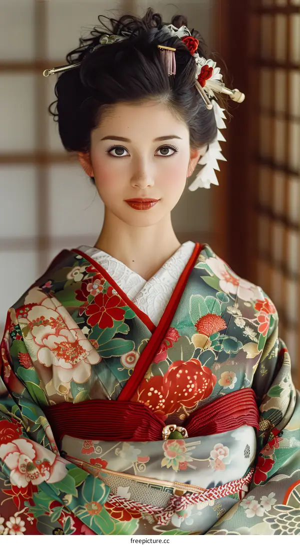 Portrait of a beautiful Japanese woman in traditional kimono