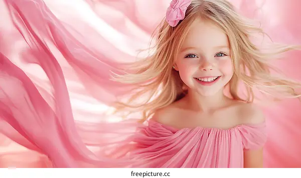 Smiling Little Girl in Pink Dress with Flowing Fabric