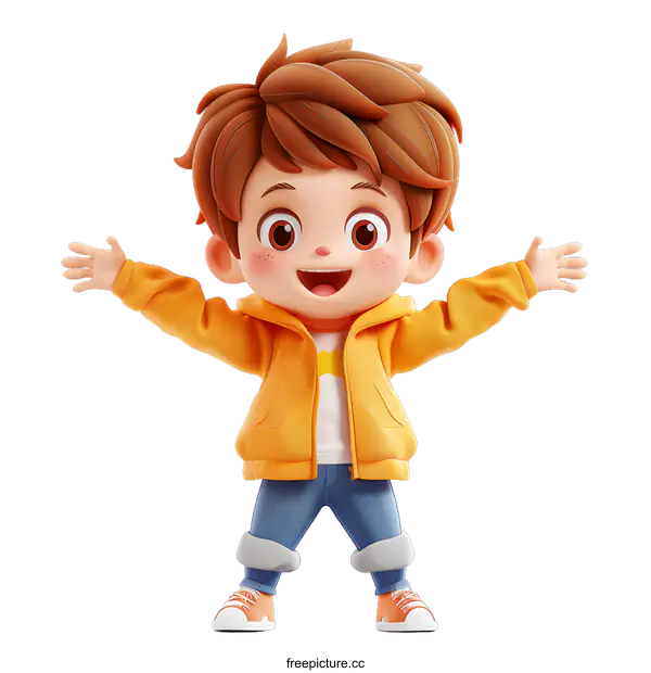 [Transparent Background PNG]A 3D rendering of a happy cartoon boy with brown hair and blue eyes wearing a yellow jacket and blue jeans.