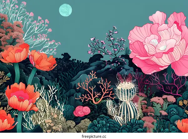 Floral Garden Illustration With Moon