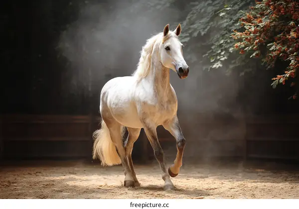 Majestic White Horse in a Sunlight-Drenched Stable