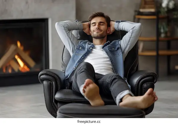Relaxing Man in a Leather Recliner by Fireplace