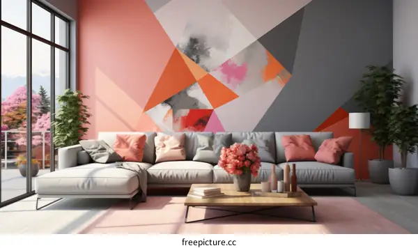 Modern living room interior with sofa and geometric shapes on the wall