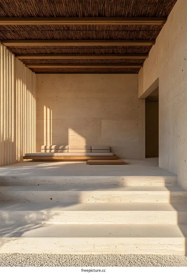 Modern Minimalist Architecture Design Featuring A Beige Sofa And Concrete Walls