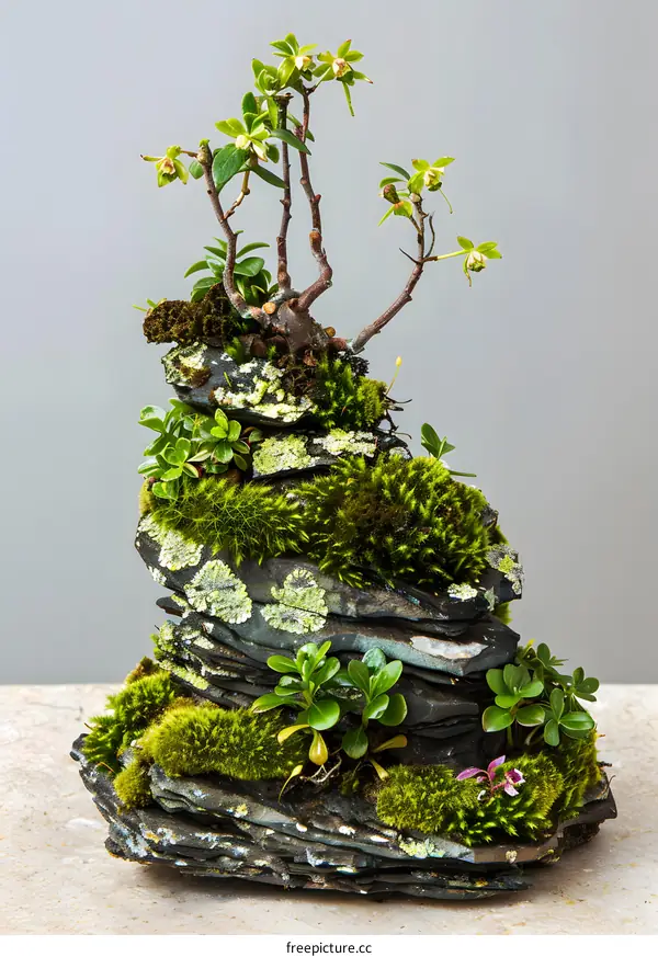 Miniature Bonsai Tree Growing On Stacked Rocks