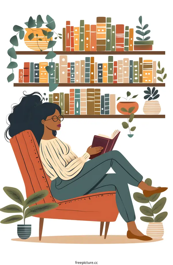 African American Woman Reading Book in Chair With Bookshelf
