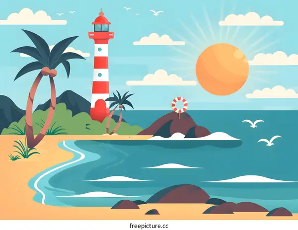 Lighthouse on the Beach with Palm Trees and Sun