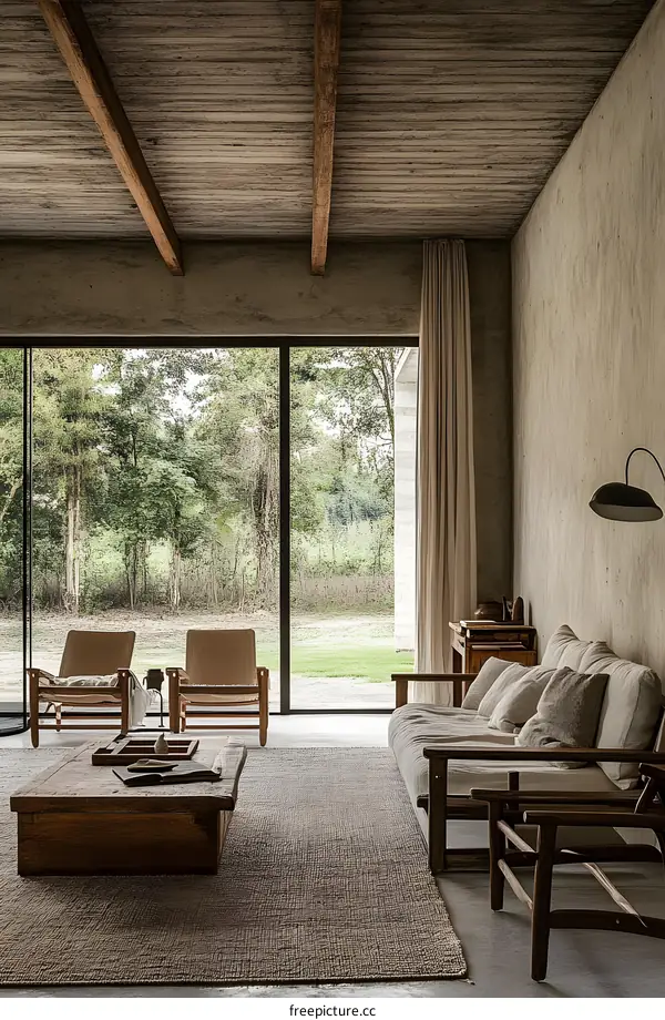 Modern Living Room with Wooden Beams and Large Windows