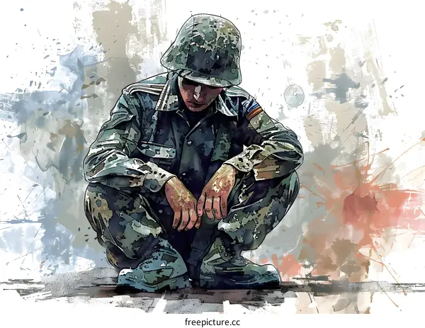 A soldier is squatting on the ground with his hands on his face