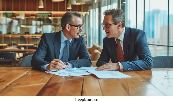Two businessmen in suits having a meeting in an office