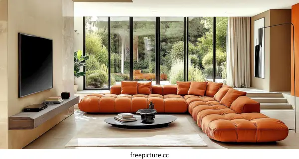 Modern Living Room with Orange Sectional Sofa
